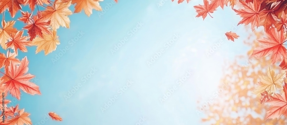 Poster vibrant red and yellow maple leaves framing clear blue sky with copious empty space for text in autu