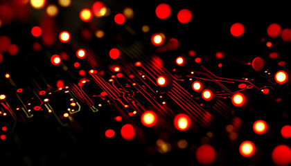 Abstract close-up of illuminated circuit board; red glowing LEDs on dark background. Perfect for technology, innovation, and futuristic concepts.