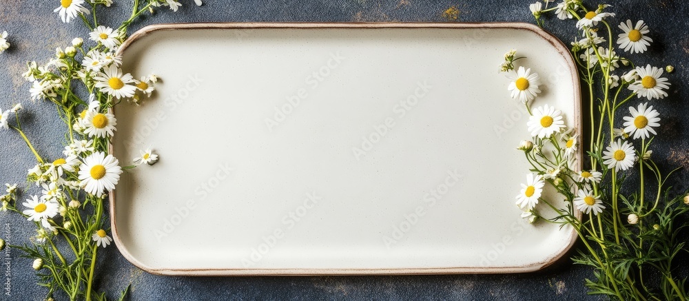 Poster elegant frame of white daisies and chamomiles on a light tray with soft green backdrop creating a se