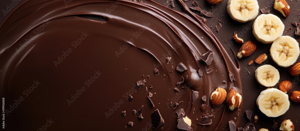 Poster delicious melted chocolate texture with fresh banana slices and hazelnuts arranged on dark surface c