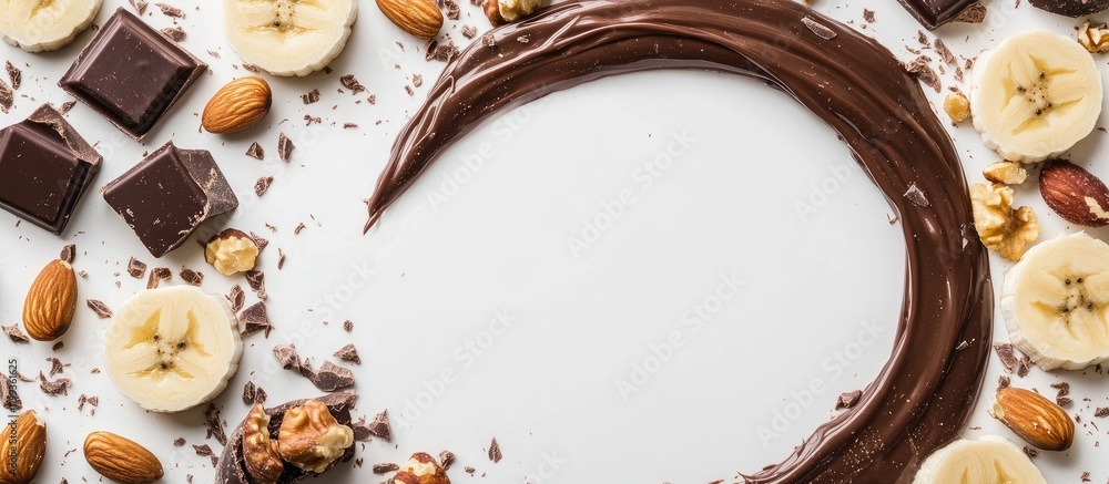 Poster melted chocolate around sliced bananas and nuts on white background with empty space for text in a s