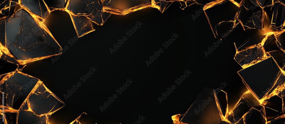 Poster fractured golden energy pieces against a dark background with a central empty space for text or grap