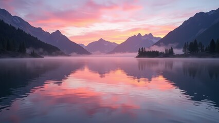 Fototapeta premium A serene lake reflects majestic, slender mountains, casting their towering silhouettes across tranquil waters under an expansive sky