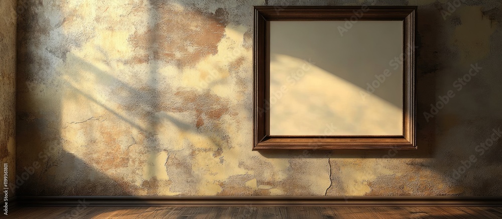Poster empty framed picture on a rustic wall in warm brown and beige tones with soft light and space for te
