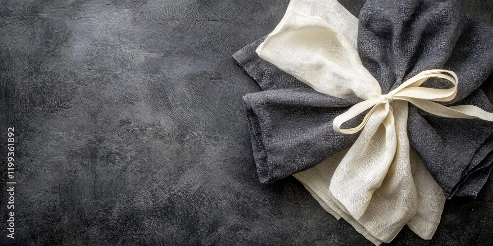 Poster gray and white square napkins neatly arranged with ribbon on dark textured background offering empty