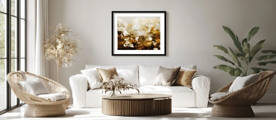 Cozy living room interior featuring framed wall art mockup in warm earthy tones with natural sunlight illuminating the space and empty text area