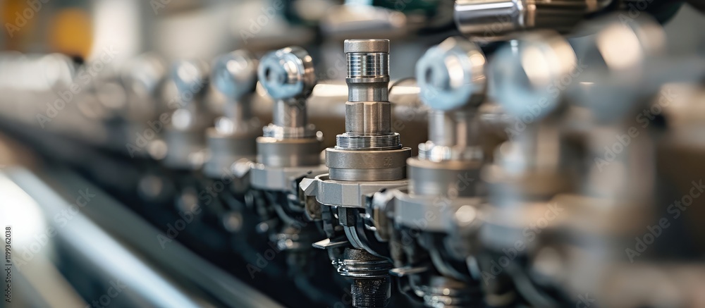 Poster close-up of industrial engine manifold and valve components in a factory setting with metallic color