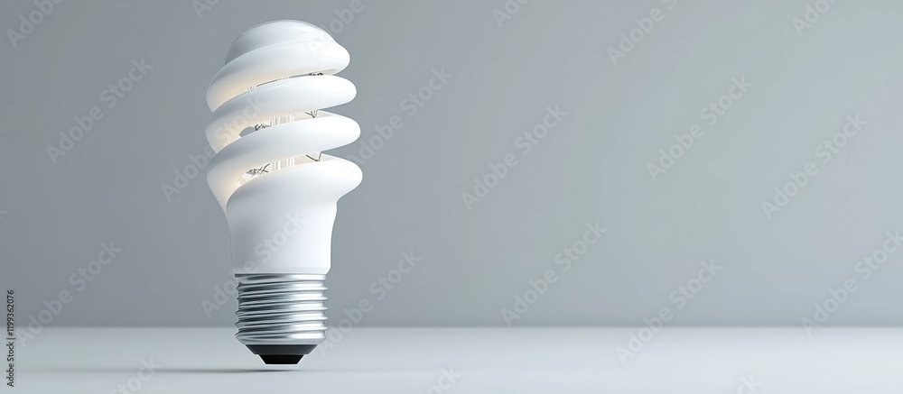 Poster close-up of an energy-efficient spiral light bulb on a soft gray background showcasing innovative de