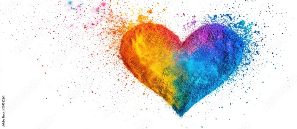 Poster colorful heart shape created from vibrant holi color powder particles against a clean white backgrou