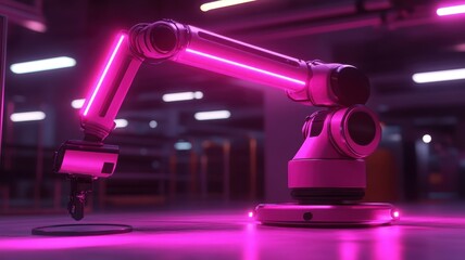 Robotic arm interacting with neon holograms in a futuristic environment digital art installation