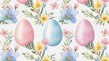 Seamless Easter egg pattern in pastel colors with floral elements, featuring pink and blue eggs surrounded by delicate flowers, creating cheerful and festive atmosphere