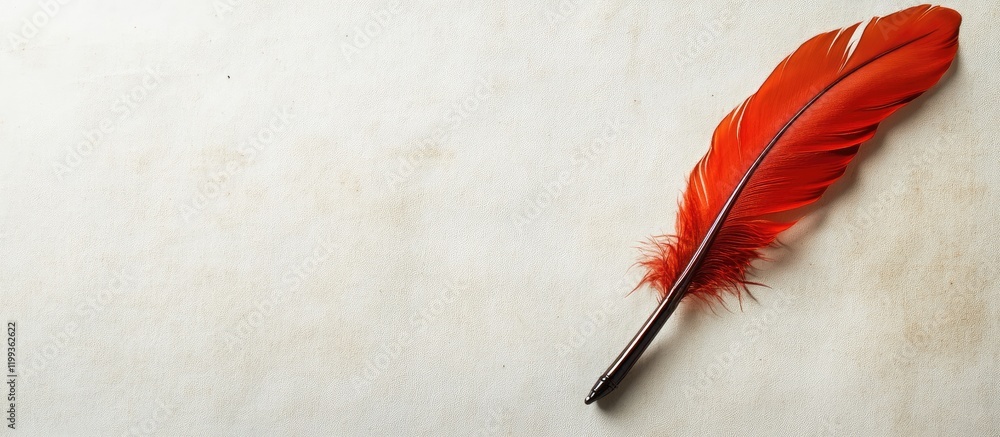 Aufkleber elegant red feather quill pen on rustic textured background featuring ample copy space for text and 