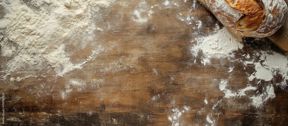 Poster rustic french bread crafted from white flour resting on a wooden table with flour sprinkles and ampl
