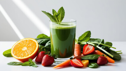 Fresh green juice with fruits and vegetables, including orange, strawberries, and carrots, garnished with mint leaves, evokes healthy lifestyle