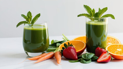Fresh green juice with fruits and vegetables, including strawberries, oranges, and carrots, garnished with mint leaves, evokes healthy lifestyle
