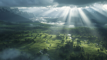 Sunbeams breaking through the clouds over a tranquil valley, illuminating patches of forest and fields below.