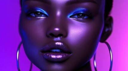 Close-up portrait of a model with vibrant makeup against a colorful gradient background