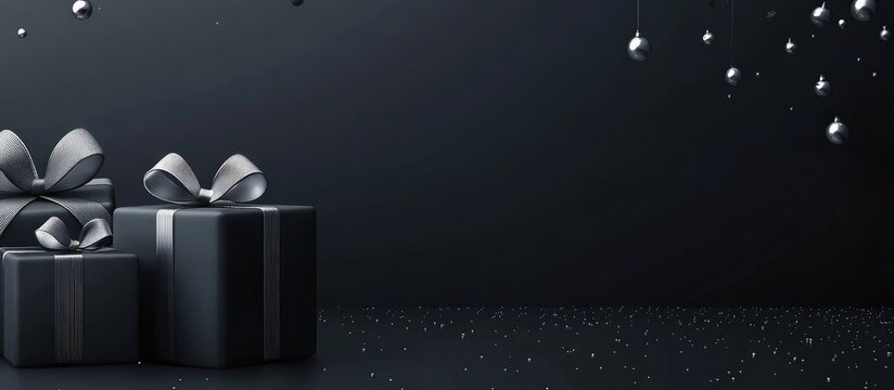 Black Gift Boxes with Silver Ribbons on Elegant Black Background Featuring Shimmering Silver Ornaments Ideal for Holiday Promotions and Sales