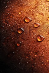 Close Up of Water Droplets on a Rustic Brown Surface with Glimmering Highlights and Intricate Textures Creating a Warm Inviting Atmosphere