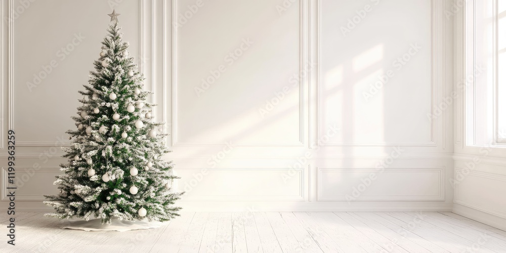 Poster elegant christmas tree with white ornaments in bright white room with soft shadows and empty copy sp