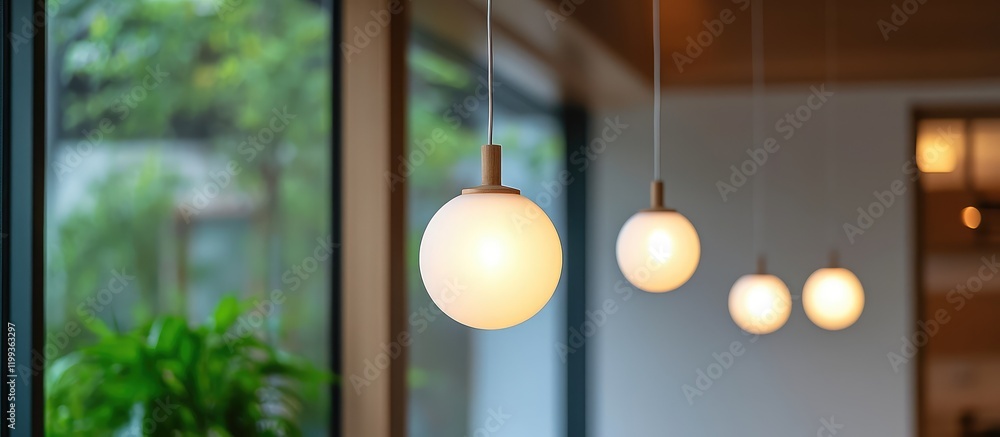 Poster energy efficient pendant lights in modern interior setting with soft glow and greenery in background