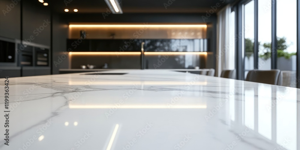 Poster close up of a glossy polished marble tile surface in a modern kitchen with bright lighting and spaci