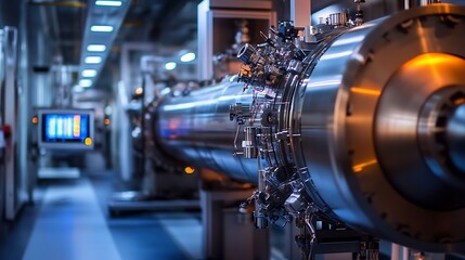 Fototapeta premium Quantum pipe in a high-tech chamber with floating displays and advanced machinery