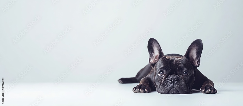 Poster french bulldog resting on light gray background with ample negative space for text in an elegant and