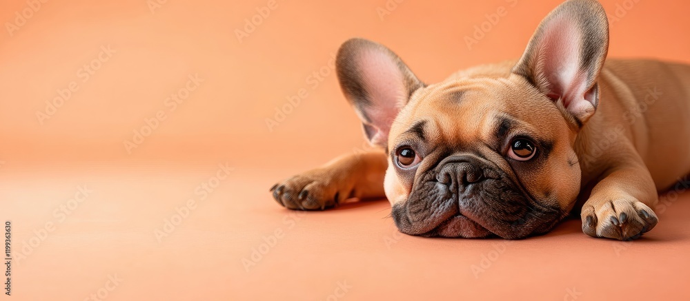 Poster french bulldog relaxing on soft peach background with blank space for custom text in a studio settin