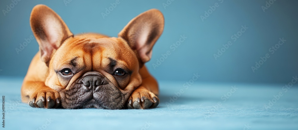Poster french bulldog resting on soft blue background with ample empty space for text, showcasing warm brow