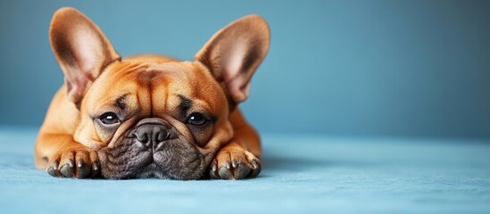 French Bulldog resting on soft blue background with ample empty space for text, showcasing warm brown tones and serene atmosphere.