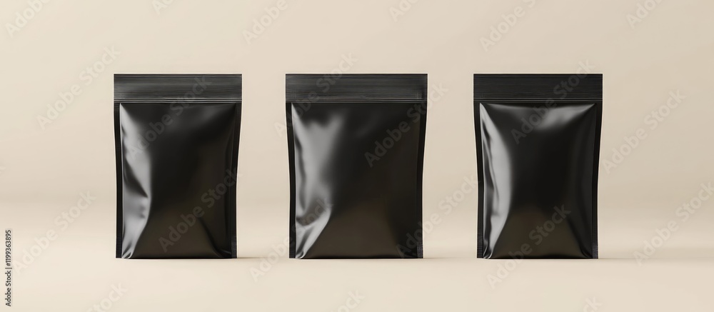 Poster exploded view mockup of sleek black zip bags arranged in a row on soft neutral background with ample
