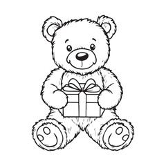 A cute teddy bear line art illustration sitting down, holding a wrapped present with a bow