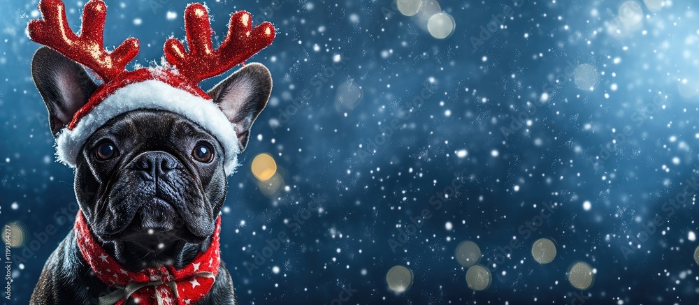 Poster french bulldog adorned with christmas hat and faux antlers amidst falling snow in evening setting wi