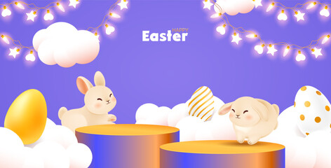 Happy Easter banner with jumping bunny on the podium surrounded by clouds and decorative eggs. Sparkling garland on top violet background. Decor web template. Vector illustration