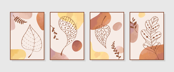 Set of wall art poster with stylized leaves trees and abstract watercolor drops. Foliage linear drawing in autumn and earth tone color. Simple nature shapes. Elements of flora. Vector illustration