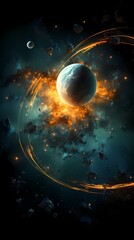 Digital blue and orange broken planet poster background