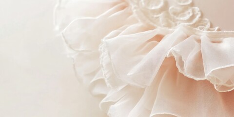 Fototapeta premium Delicate ivory bridal garter with soft tulle details and elegant ruffles on light background featuring empty space for personalized text and customization