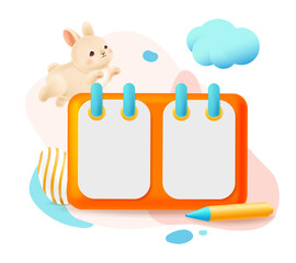 Happy Easter greeting template with 3D bunny, flip calendar, painted egg, pencil and clouds. Holiday design ring calendar with copy space for text. Vector illustration isolated on white background