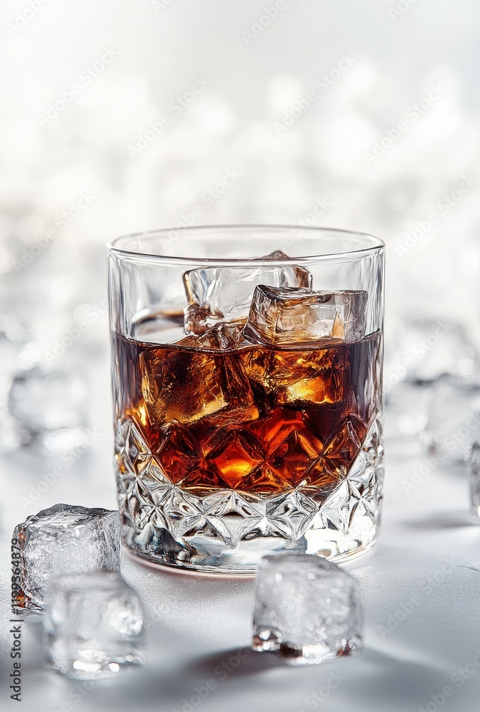 Poster close-up of a glass of whiskey on ice surrounded by ice cubes with a soft blurred background in a br