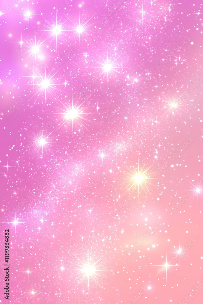 Poster a soft and enchanting background features a glittery pink starry sky filled with glowing stars, harm