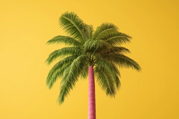 Obraz premium A colorful palm tree with neon green leaves and a pink trunk against a bright yellow sky