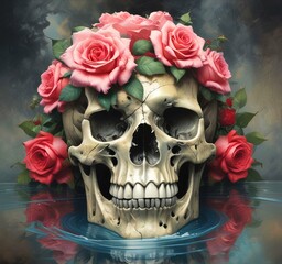 Illustration of human skull with roses.