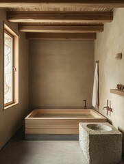 Minimalist bathroom design featuring wooden bathtub and stone basin