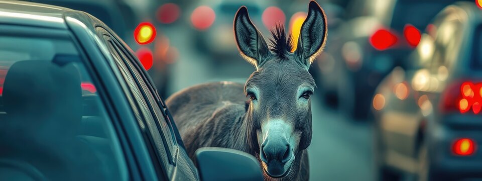 Angry donkey poking its head out of a car window in a congested traffic jam with colorful brake lights in the background and empty space for text.