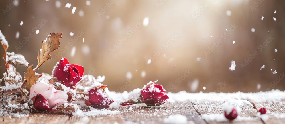 Aufkleber red rose buds surrounded by festive decorations and snowflakes on a rustic wooden surface with blurr