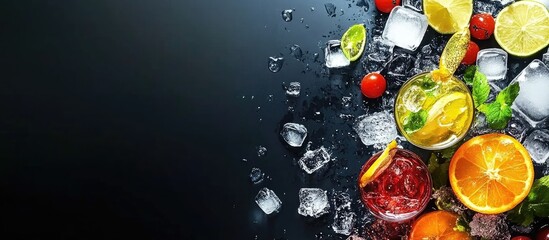 Professional bartender crafting vibrant cocktails with fresh fruits ice and mint on dark background with ample space for text placement