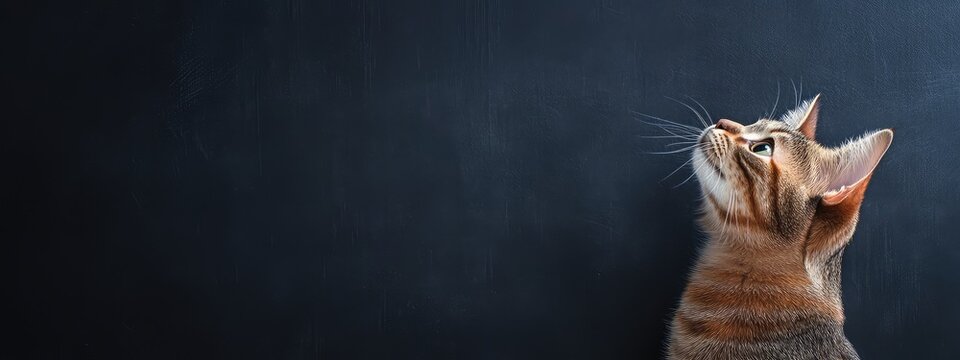 Tabby cat looking up against dark backdrop with ample space for text above