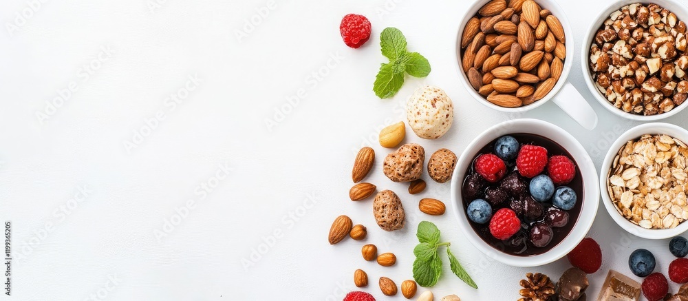 Poster healthy energy boosting snacks in bowls with fresh berries nuts and granola on white background with
