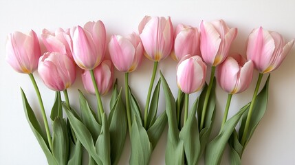 Fototapeta premium A row of pink tulips with green stems. The flowers are arranged in a line and are the same color